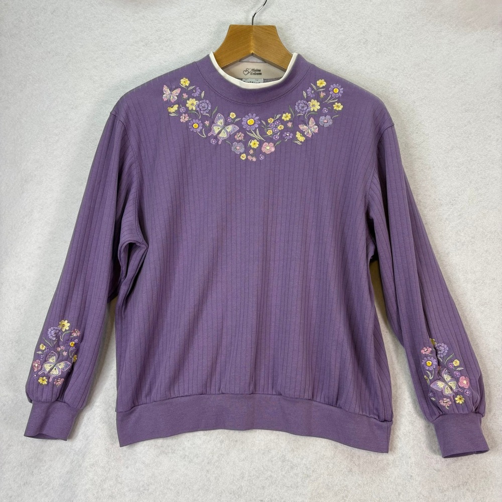 Vintage Purple Embroidered Floral Butterfly Ribbed Sweatshirt Womens L Cottage
